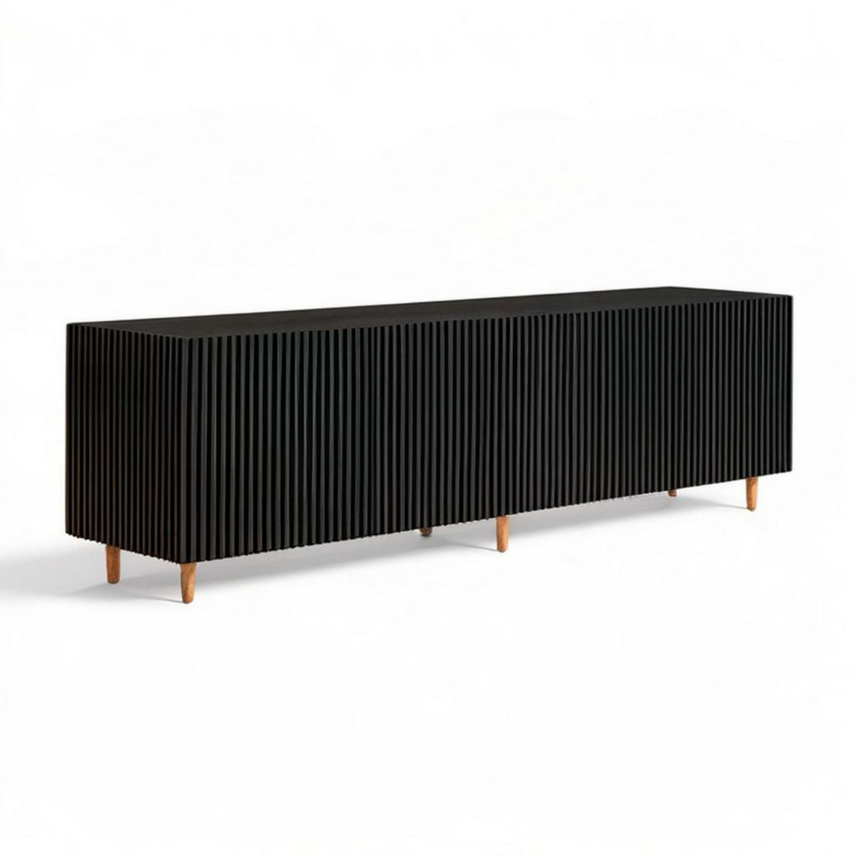 Czarna komoda z ryflowanym frontem i nogami z naturalnego drewna bukowego, 180 x 45 x 75 cm