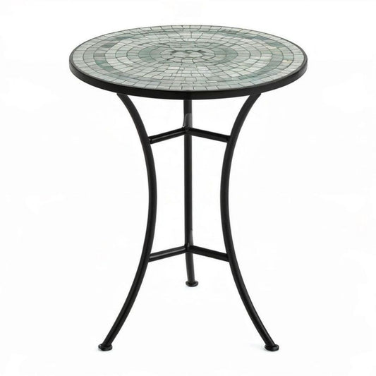 Okrągły stolik pomocniczy 60 × 70 cm z ceramiczną mozaiką zielono-biało-czarną
