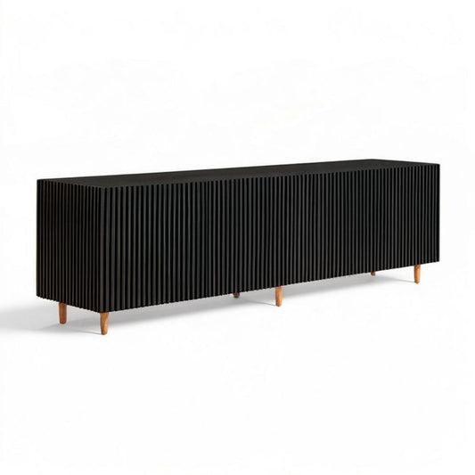 Czarna komoda z ryflowanym frontem i nogami z naturalnego drewna bukowego, 180 x 45 x 75 cm